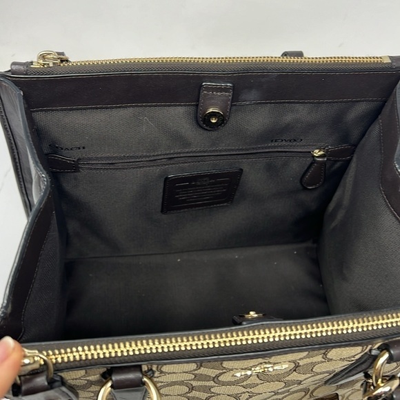 Coach Jacquard Logo and Brown Leather Satchel Shoulder Crossbody Bag - Picture 15 of 16